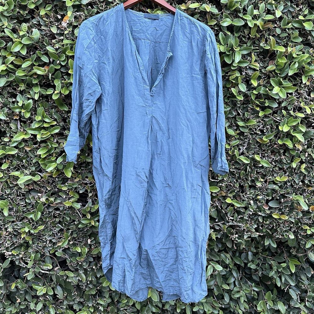 CP Shades Shirt Dress Women L Gray Blue Open Collar Silk Cotton USA Contemporary
